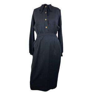 42 Vintage Valentino Garavani 70s 80s Logo Button Bow Black Pencil Dress Wool